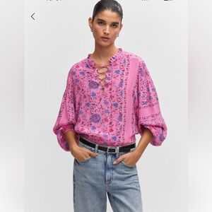 Mango Pink Floral Lace-Up Blouse